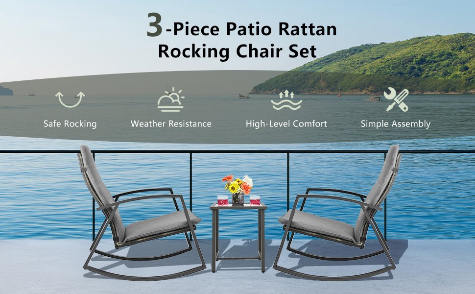 3 Pieces Patio Rattan Rocking Furniture Set