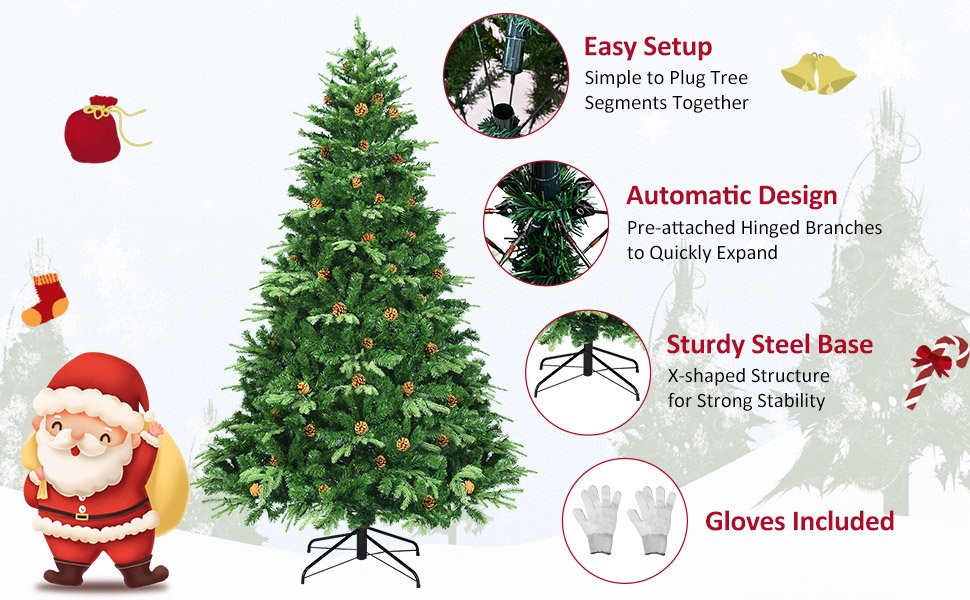 3 Size Artificial Christmas Tree with LED Lights and Pine Cones