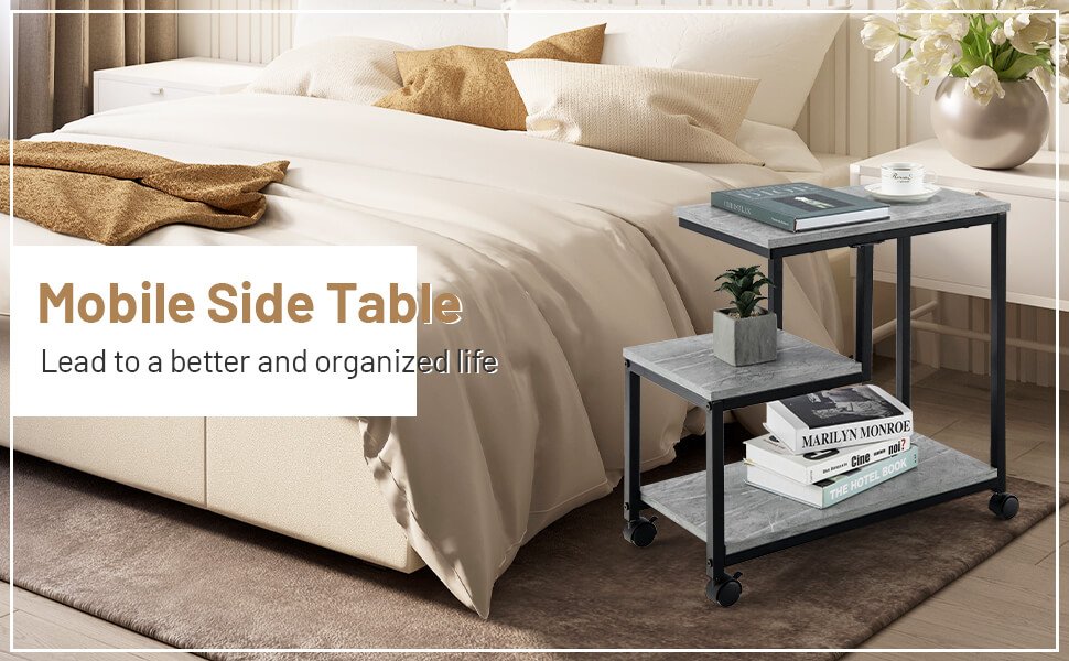 3-Tier Side Table with Storage and Universal Casters for Living Room and Bedroom
