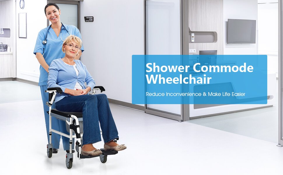 4-in-1 Bedside Commode Chair Commode Wheelchair with Detachable Bucket