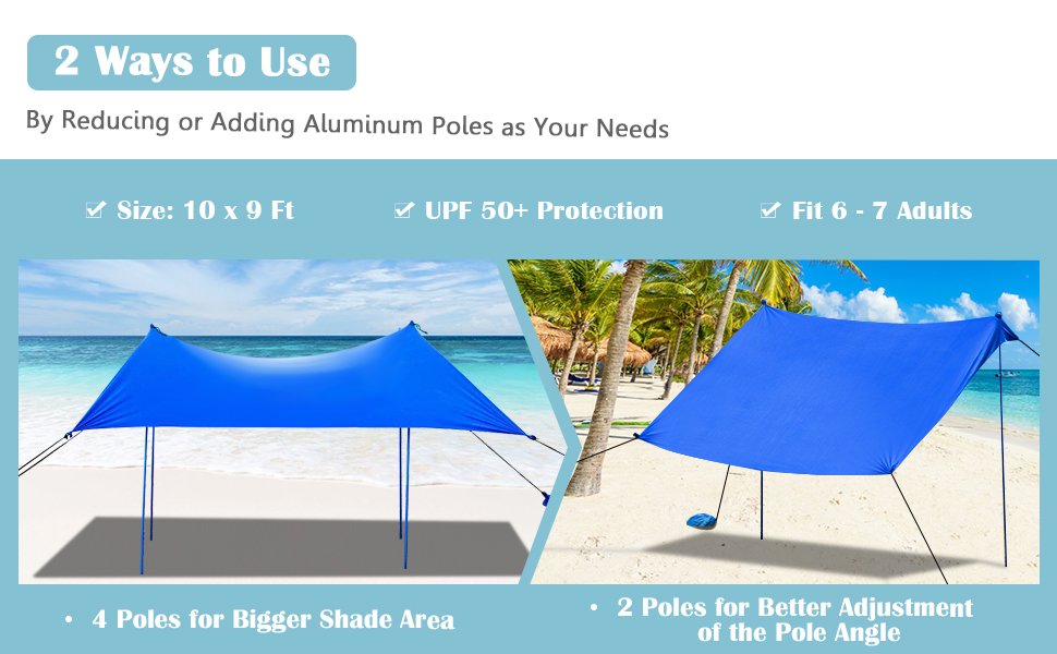Family Beach Tent Canopy Sunshade with 4 Poles