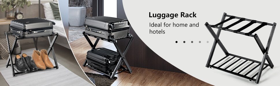 Folding Metal Luggage Rack Suitcase with Shelf Black