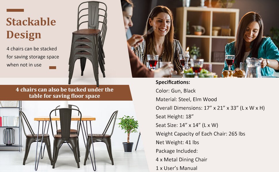 4 Pieces Tolix Style Metal Dining Side Chair Stackable Wood Seat