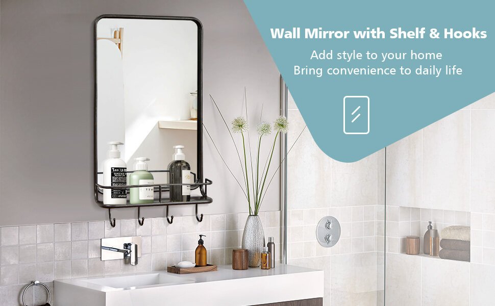 Wall Bathroom Mirror with Shelf Hooks Sturdy Metal Frame for Bedroom Living Room