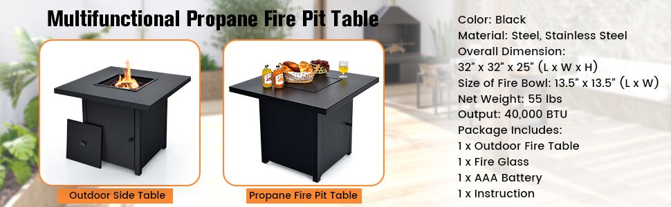 32 Inch 40000 BTU Propane Fire Pit Table with Lid and Fire Glass