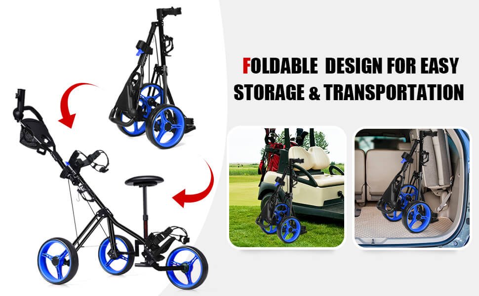 Foldable 3 Wheels Push Pull Golf Trolley with Scoreboard Bag