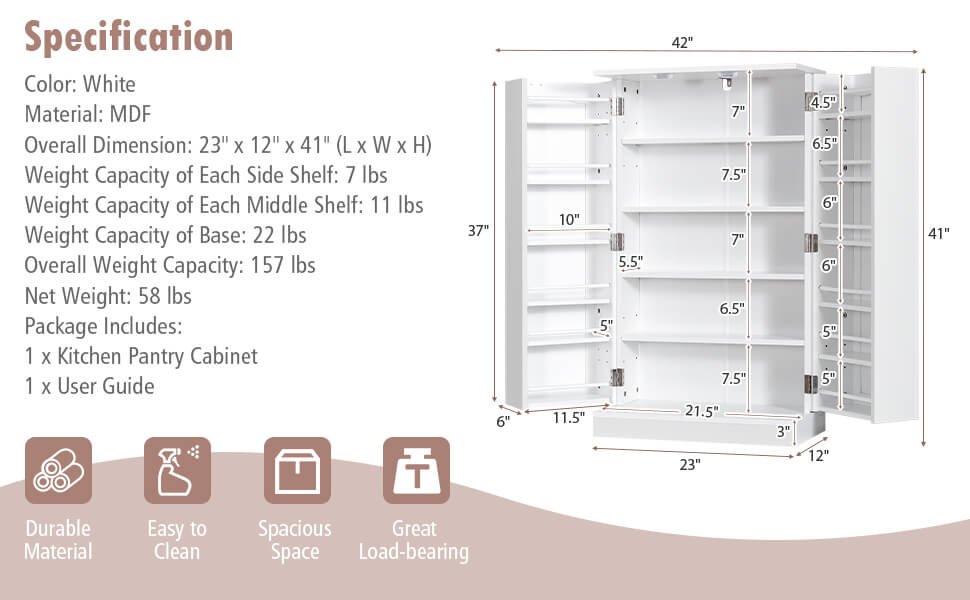 2-Door Kitchen Storage Cabinet Pantry Cabinet with 6 Adjustable Shelves