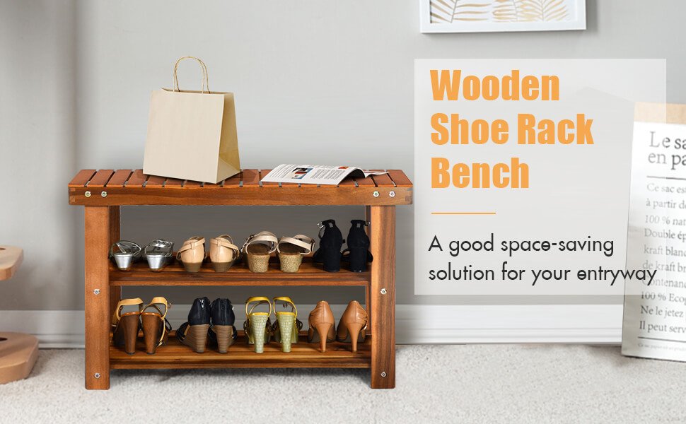 3-Tier Wood Shoe Rack Shoe Bench Freestanding Boots Organizer