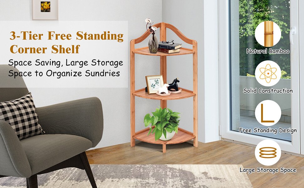 3 Tiers Free Standing Bamboo Corner Shelving Rack