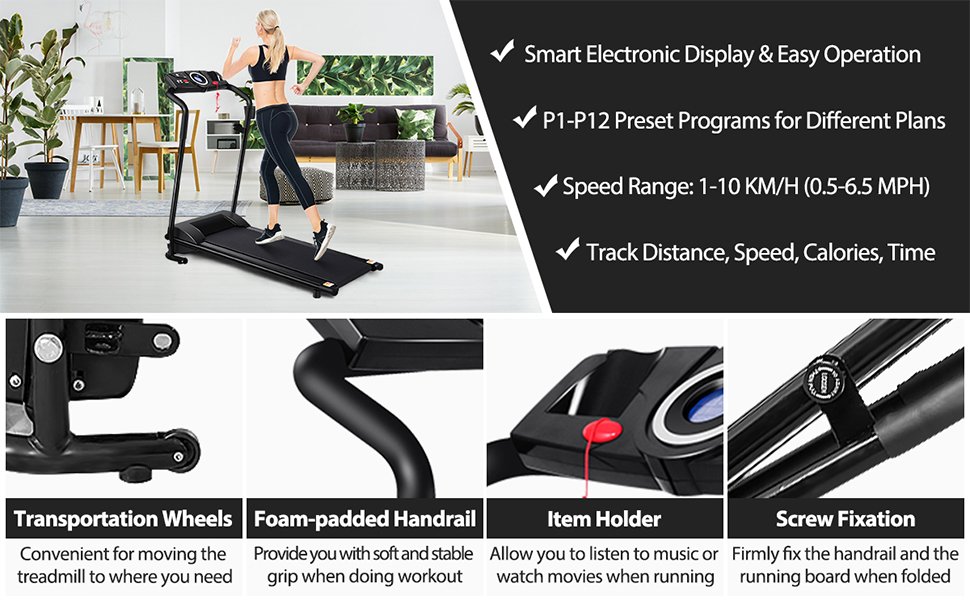 1.0 HP Electric Mobile Power Foldable Treadmill with Operation Display for Home