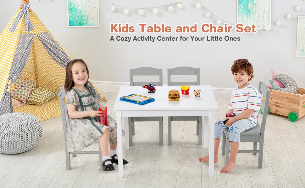 Kids 5 Pieces Table and Chair Set Wooden Children Activity Playroom Furniture Gift