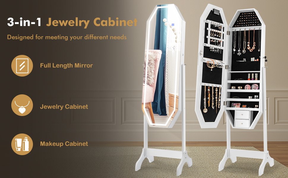 Standing Jewelry Cabinet Armoire Organizer LED Light Mirror Lockable