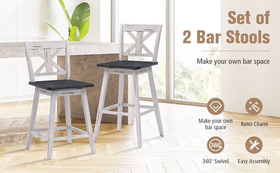 Set of 2 Swivel Counter Height Bar Stools with Solid Wood Legs