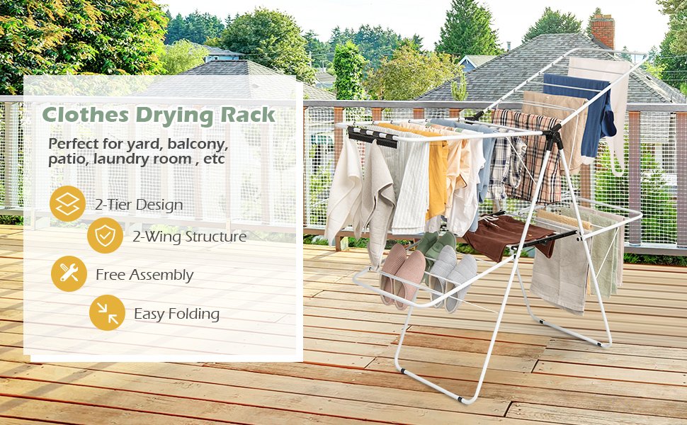 2-Level Foldable Clothes Drying with Height-Adjustable Gullwing