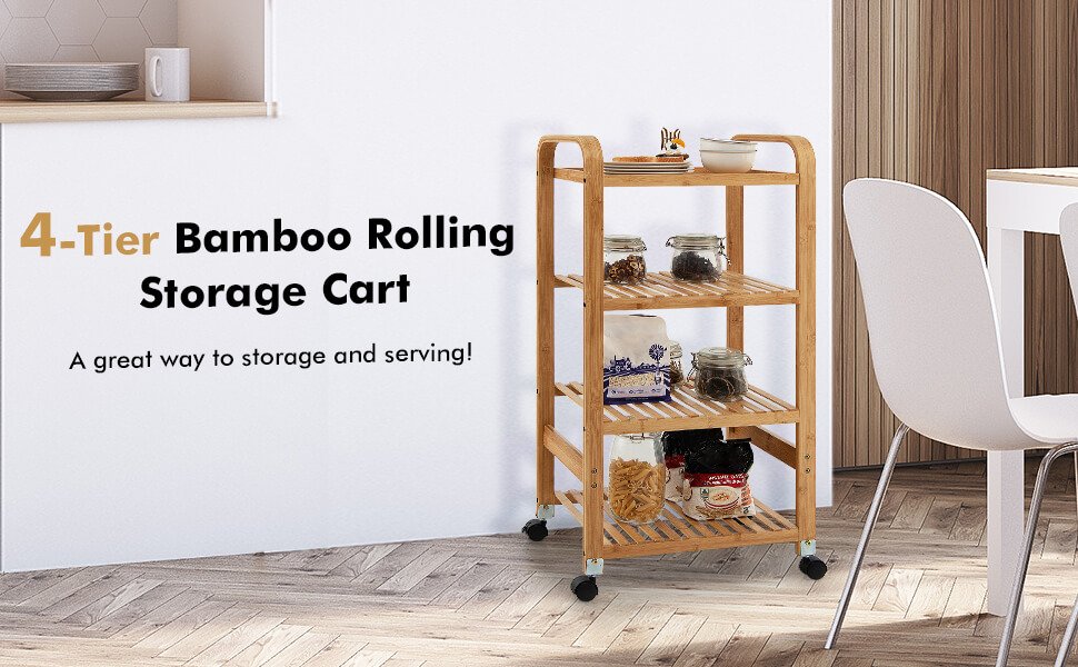 4-Tier Bamboo Mobile Kitchen Serving Trolley Cart with Storage Shelf and Lockable Casters