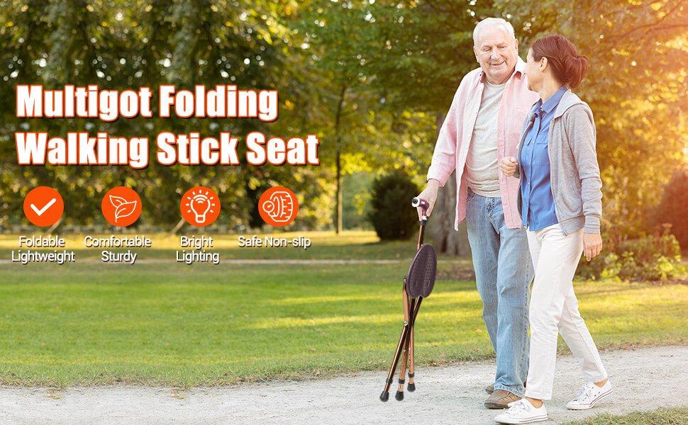 Lightweight Adjustable Folding Cane Seat with Light