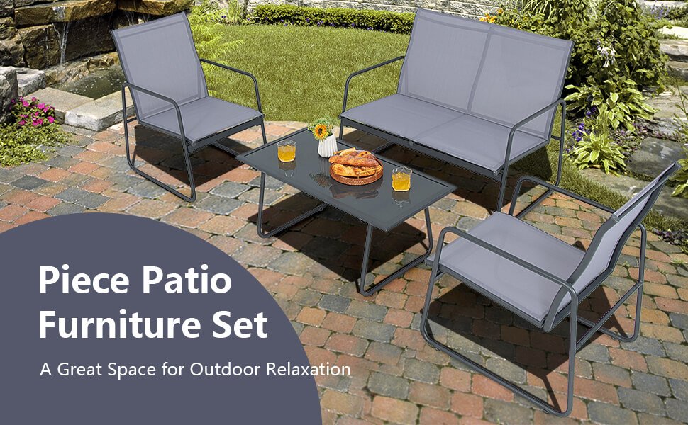 4 Pieces Metal Patio Furniture Chat Set with Tempered Glass Coffee Table