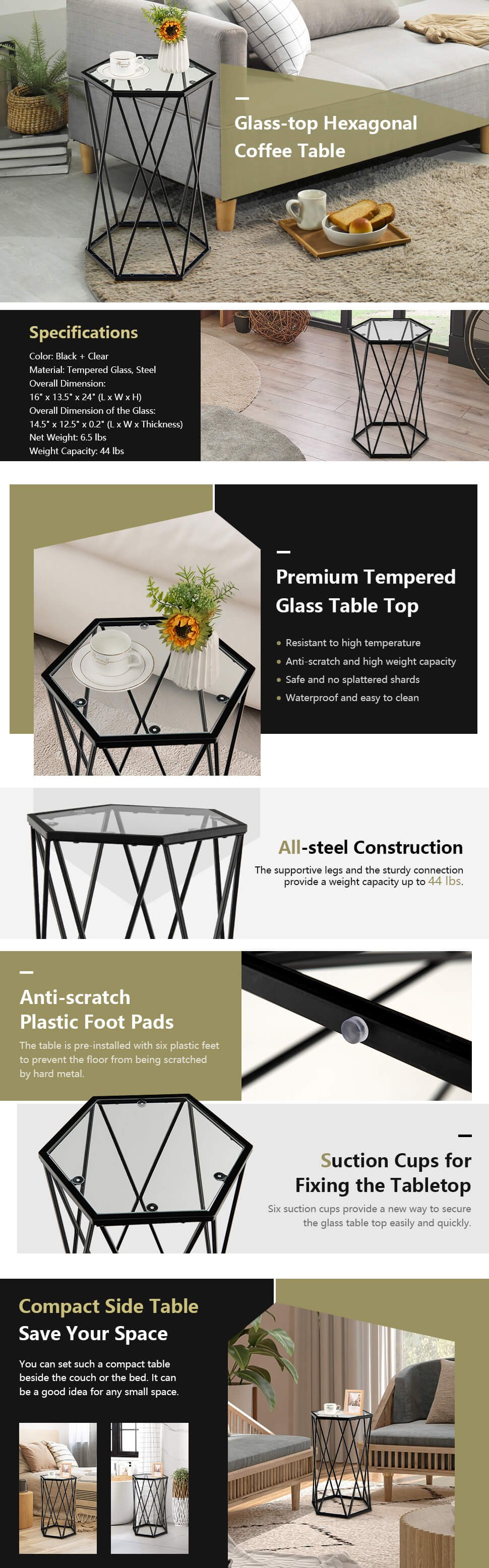 End Table Tempered Glass Top Metal Frame Hexagonal Accent Side Table Living Room
