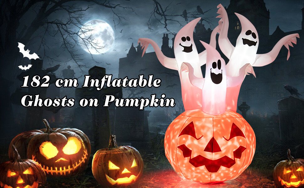 6 Feet Inflatable Halloween Three White Ghosts with Pumpkin Decor and Rotating Lamp