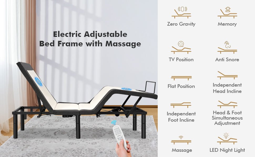 Twin/Queen Size Adjustable Bed Base Electric Bed Frame with Massage Modes