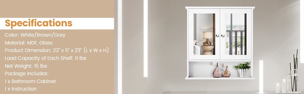 Double Door Wall-Mounted Bathroom Mirror Cabinet with Storage Shelf