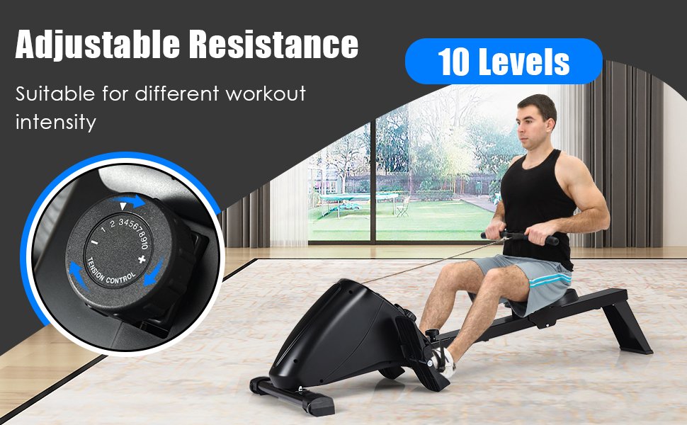 Foldable Magnetic Quiet Operated Fitness Rowing Machine with 10 Level Adjustable Resistance