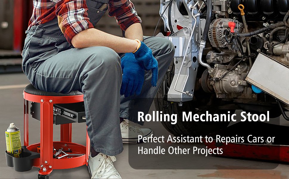 Rolling Mechanic Stool with Removable Padded Seat and Drawers
