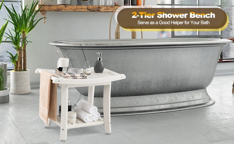 Waterproof Bath Stool with Curved Seat and Storage Shelf