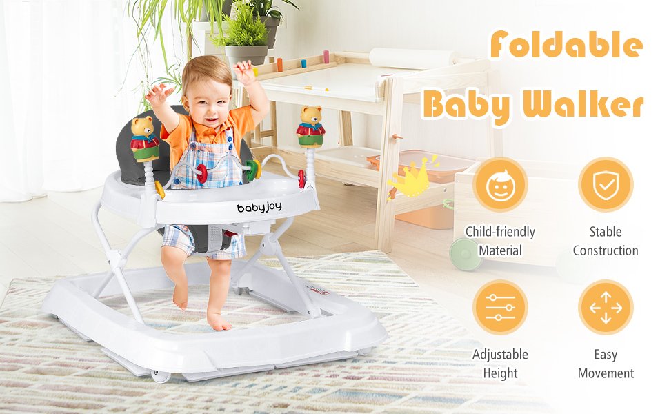 Height Adjustable Folding Baby Walker with High Back and Padded Seat
