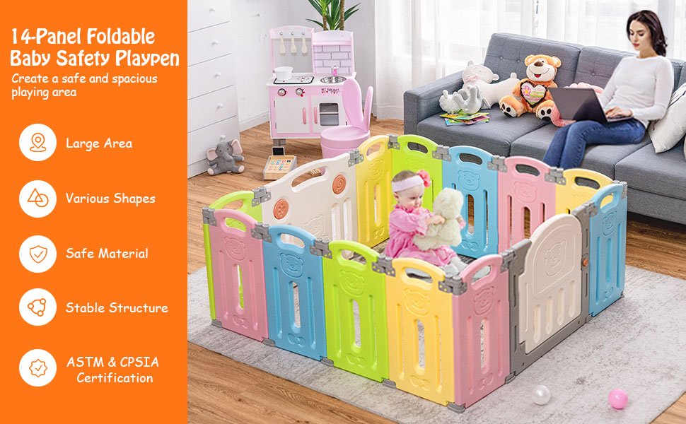 14 Panel Foldable Baby Playpen with Lockable Gate and Non-slip Bases