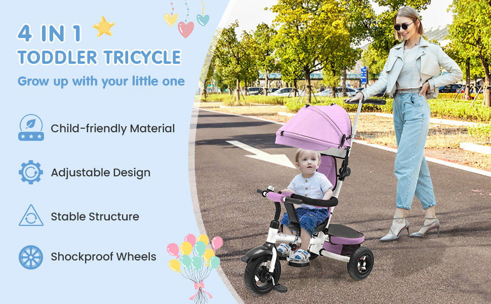 Folding Tricycle Baby Stroller with Reversible Seat and Adjustable Canopy