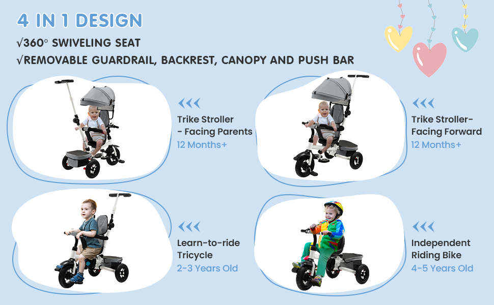 Folding Tricycle Baby Stroller with Reversible Seat and Adjustable Canopy