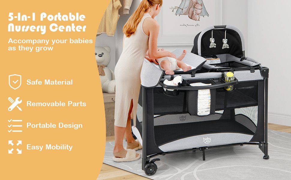 5-in-1 Portable Baby Playard with Cradle and Storage Basket
