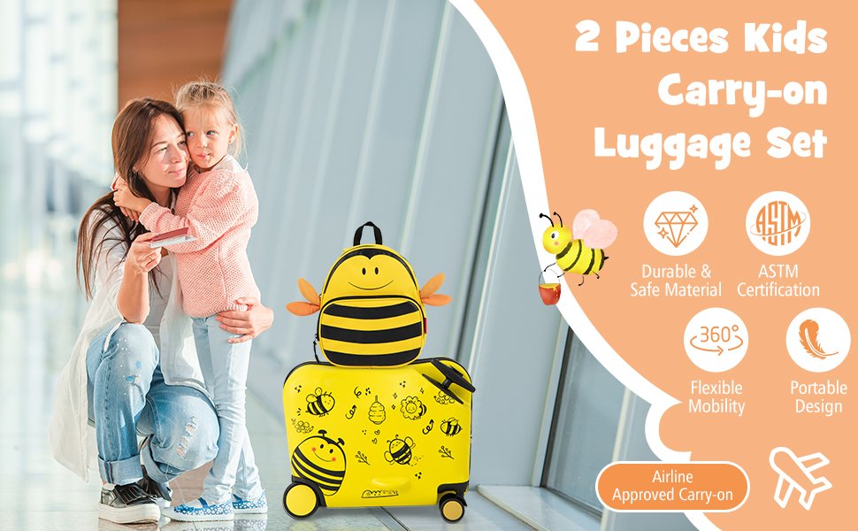 2 Pieces 18 Inch Ride-on Kids Luggage Set with Spinner Wheels and Bee Pattern