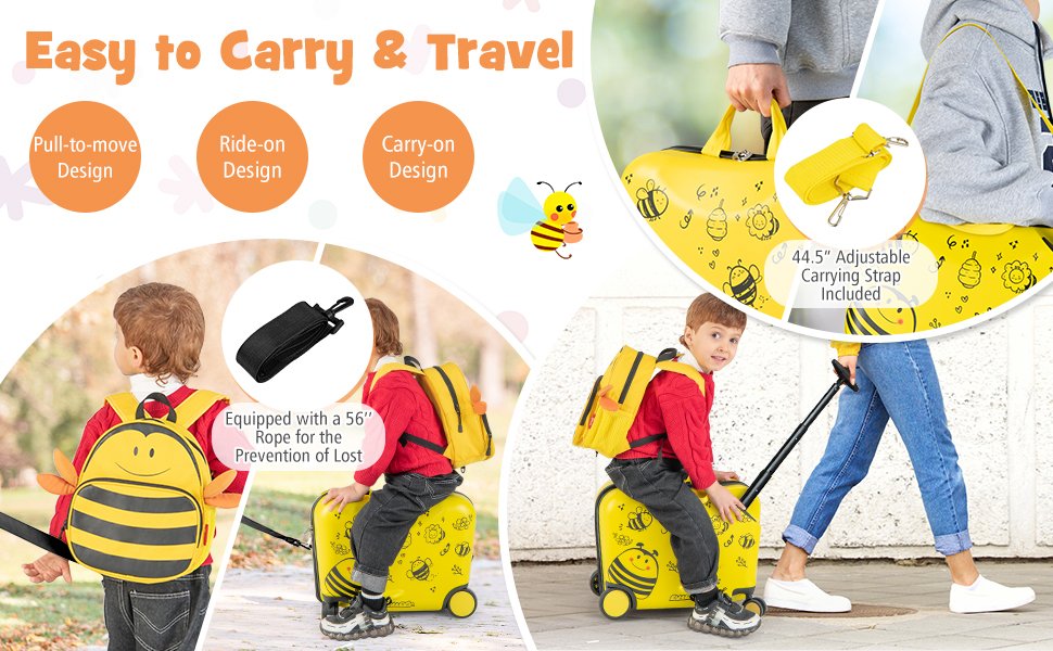 2 Pieces 18 Inch Ride-on Kids Luggage Set with Spinner Wheels and Bee Pattern