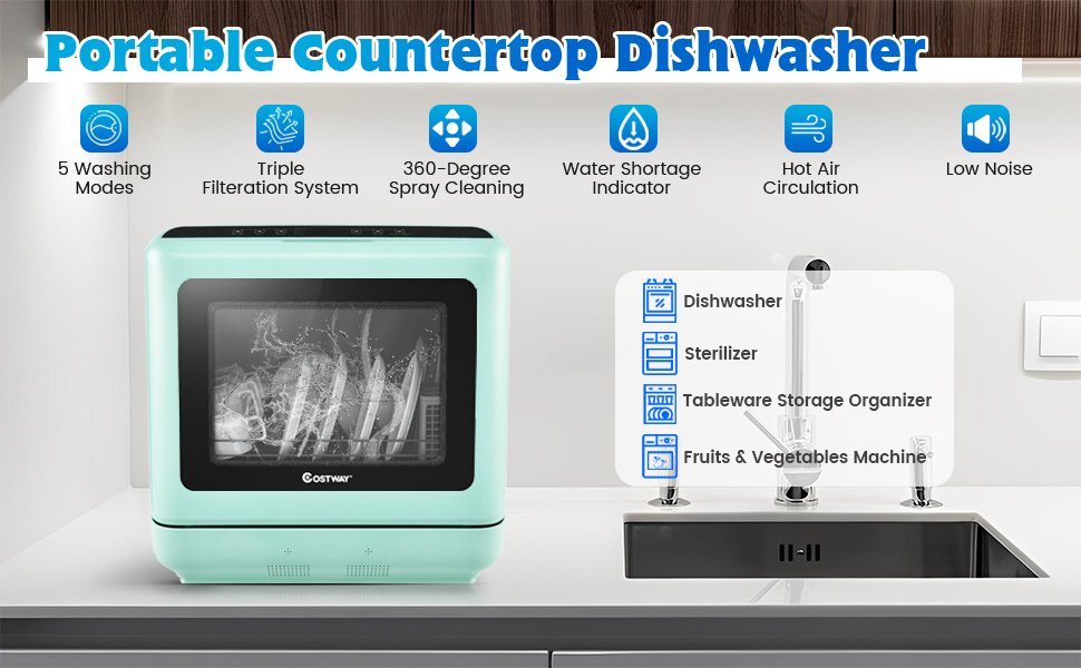 Countertop Air Drying Dishwasher with Water Tank and 5 Programs