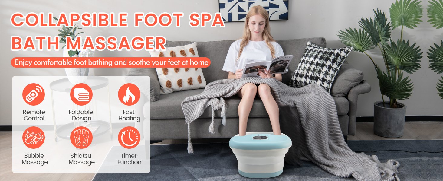 Folding Foot Spa Basin with Heat Bubble Roller Massage Temp and Time Set