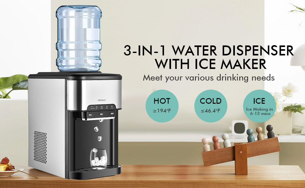 Water Cooler Dispenser 3-in-1 with Built-in Ice Maker and 3 Temperature Settings