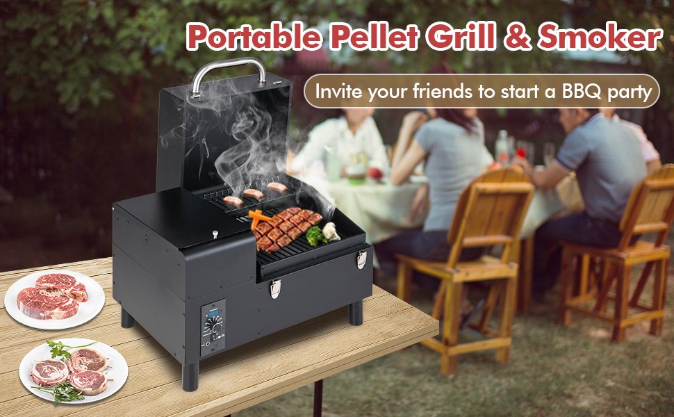 Portable Pellet Grill and Smoker Tabletop with Temperature Probe