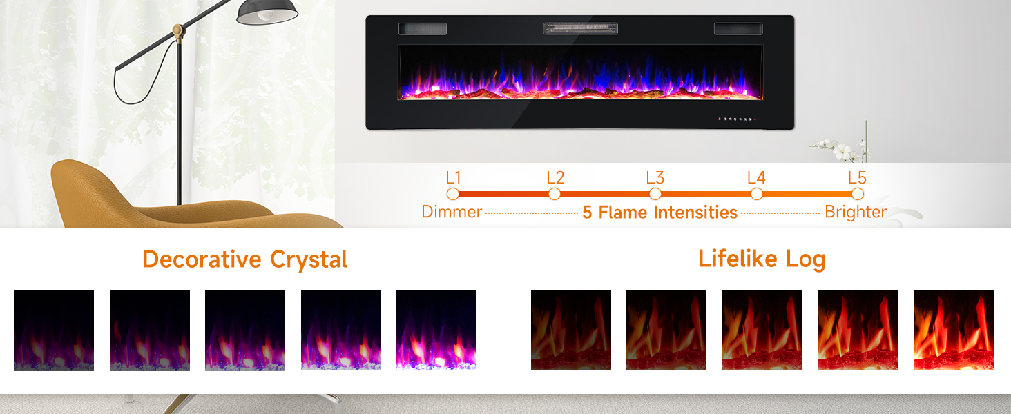 68 Inch Ultra-Thin Electric Fireplace Recessed Wall Mounted with Crystal Log Decoration