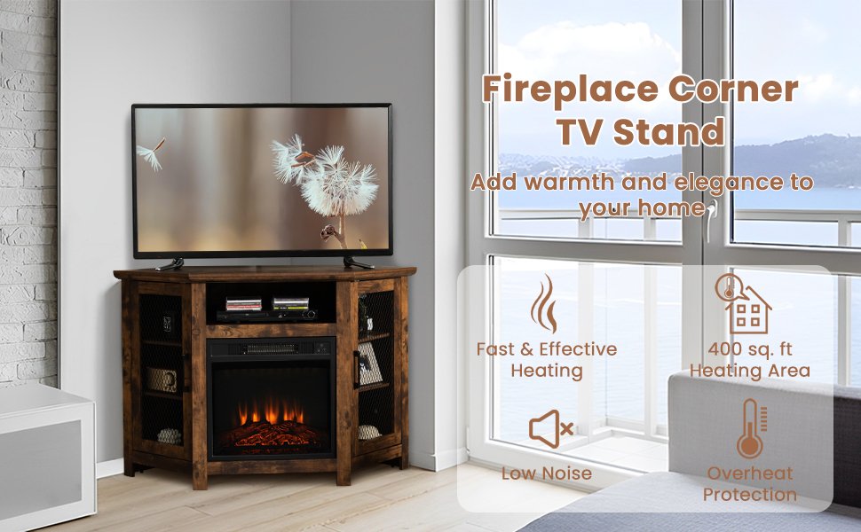 Corner TV Stand with 18 Inch Electric Fireplace Insert for TVs up to 50 Inch
