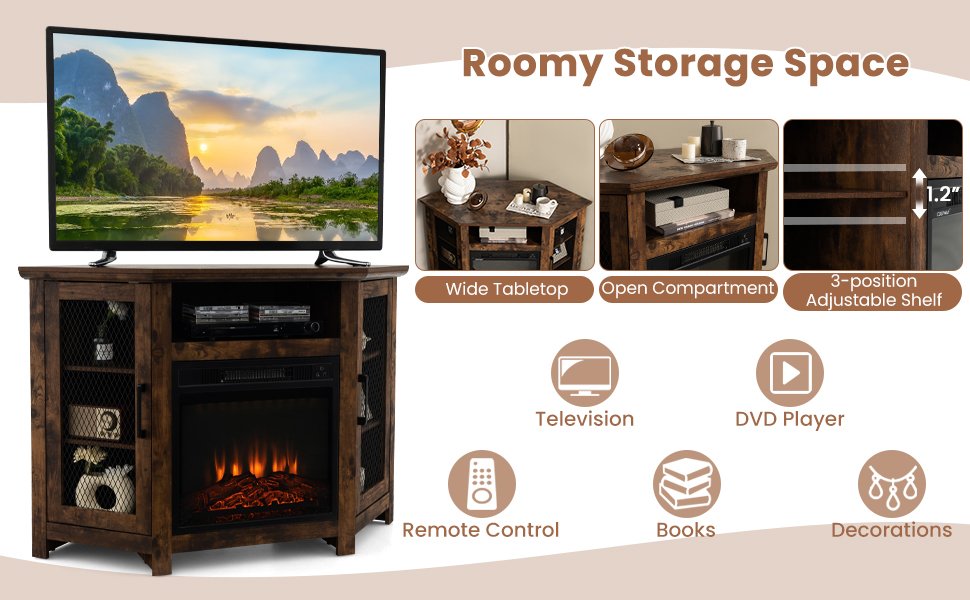 Corner TV Stand with 18 Inch Electric Fireplace Insert for TVs up to 50 Inch