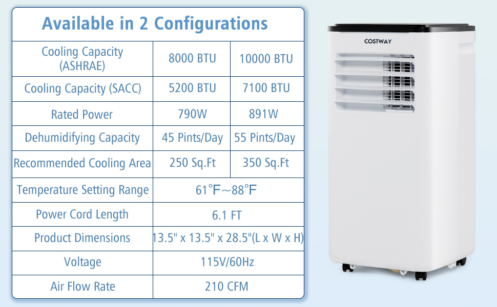 8000/10000 BTU(Ashrae) Portable Air Conditioner with 3 Modes