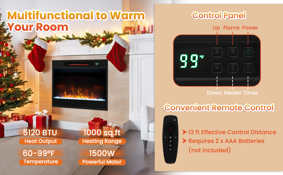 23 Inch 1500W Recessed Electric Fireplace Insert with Remote Control