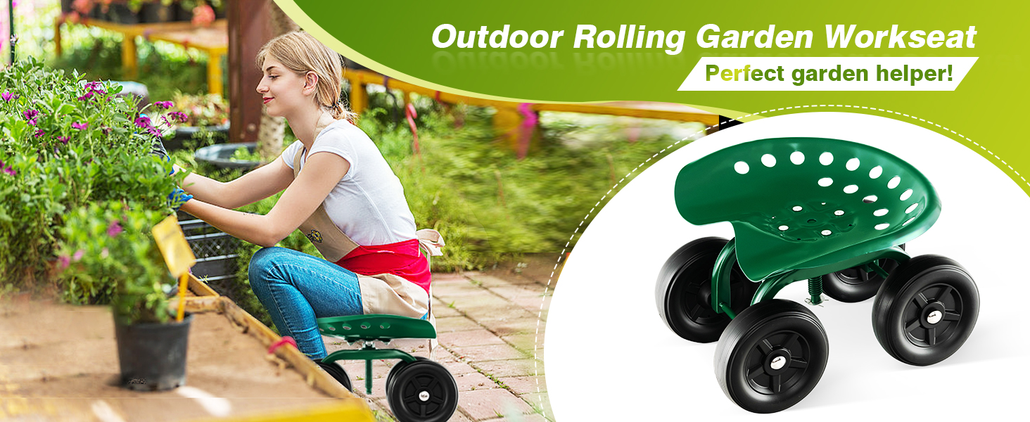Garden Rolling Workseat with 360° Swivel Seat and Adjustable Height