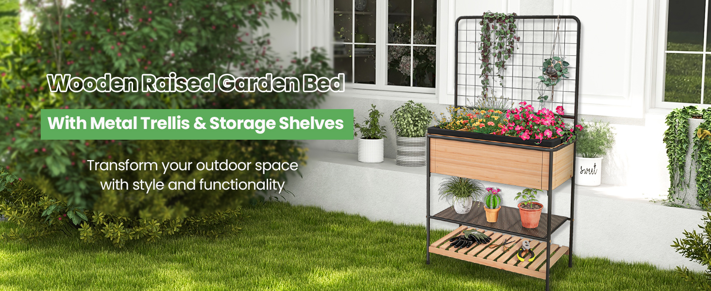 Raised Garden Bed with Trellis 2-tier Storage Shelves