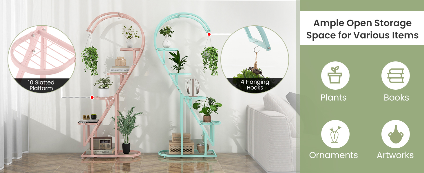 5 Tier Metal Plant Stand with Hanging Hook for Multiple Plants - Costway