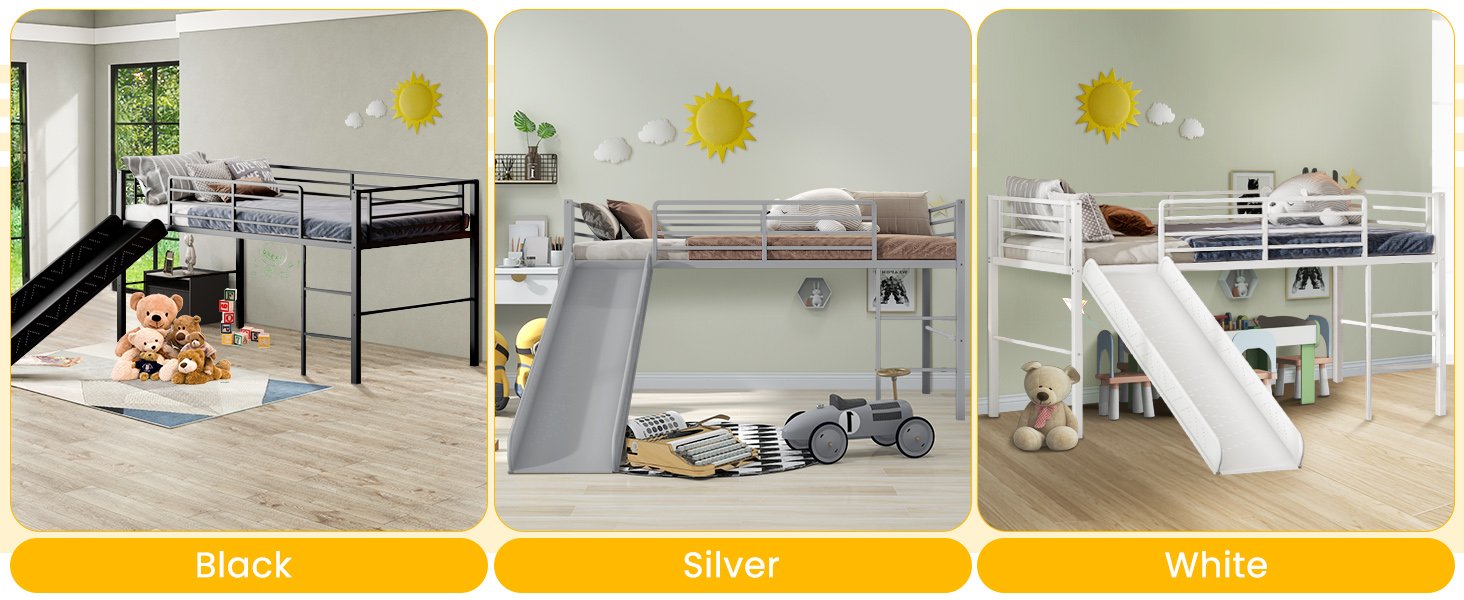 Twin Metal Loft Bed with Slide Safety Guardrails and Built-in Ladder