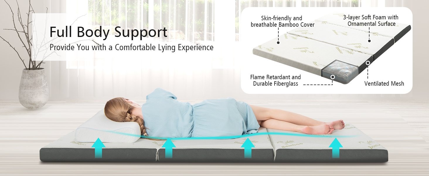 Portable Tri-fold Memory Foam Floor Mattress Topper with Carrying Bag