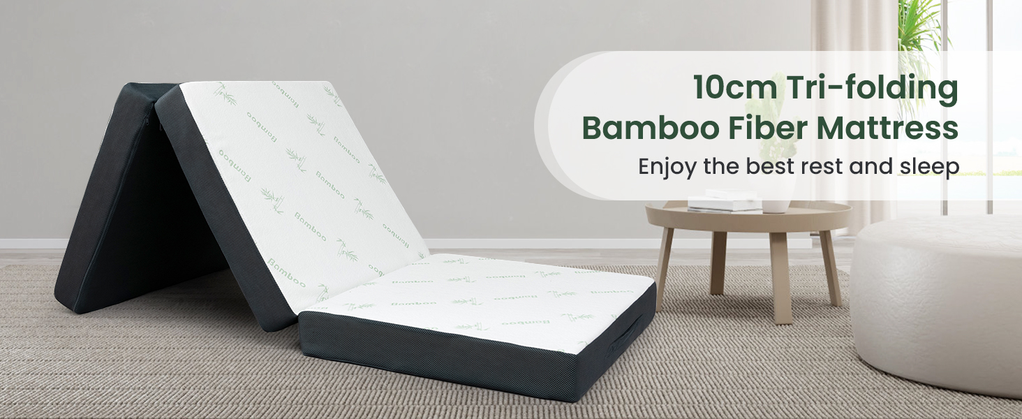 76 x 31 x 4 Inch Tri Folding Foam Mattress with Bamboo Fiber Cover and Handle
